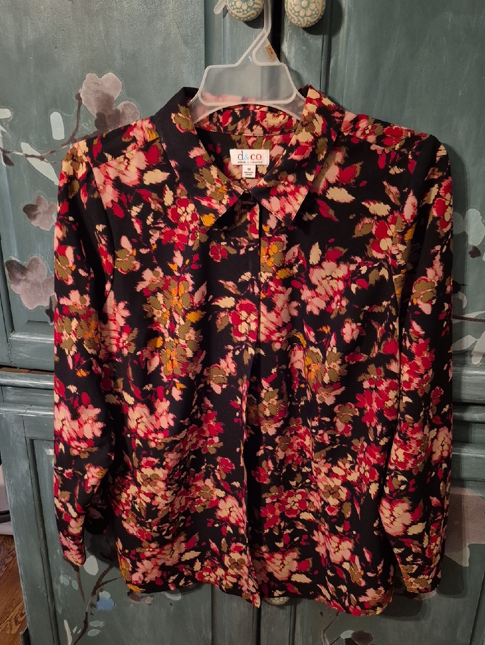 Denim&Co Black Floral Button-Up Blouse with Pink and Olive Accents